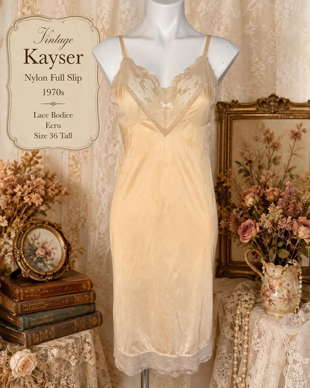 Vintage Kayser Nylon Full Slip 1970s Lace Bodice Ecru Size 36 Tall